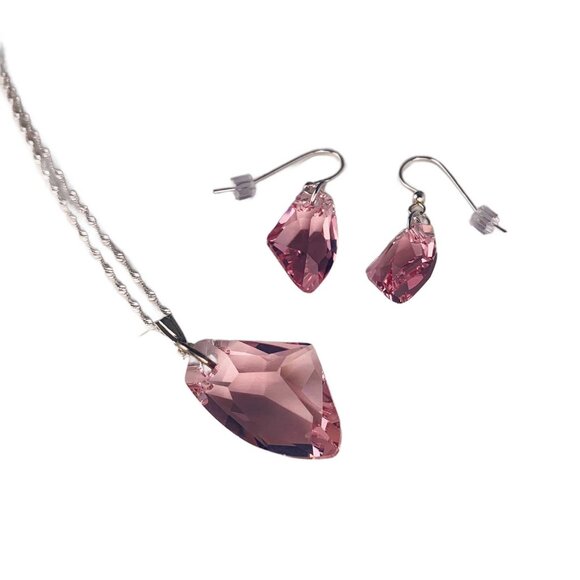 Pink Austrian Crystal Sterling .925 Silver Necklace and Earrings Set - Picture 4 of 9